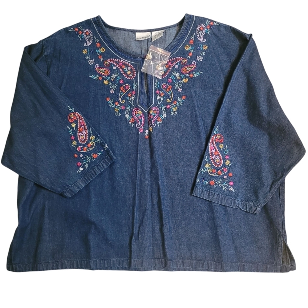 Womens 3X Lightweight Denim Embroidered Paisley Floral Pop-over Blouse Top Boho
